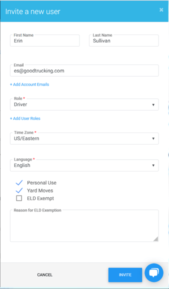 Image: "Invite a new user" slideout with a Driver role selected, showing Personal Use and Yard Move boxes checked to grant driver permission ot use these statuses for their e-logs.