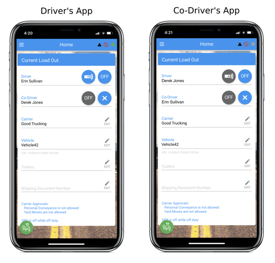 Image of two phone screens, one with a blue signal bar icon to indicate the active Driver, and one with a gray signal bar icon to indicate the Co-driver