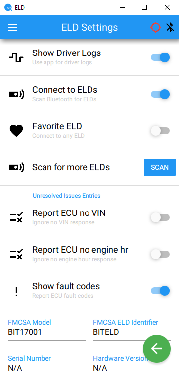 Screenshot of ELD Settings page in the Blue Ink Tech app